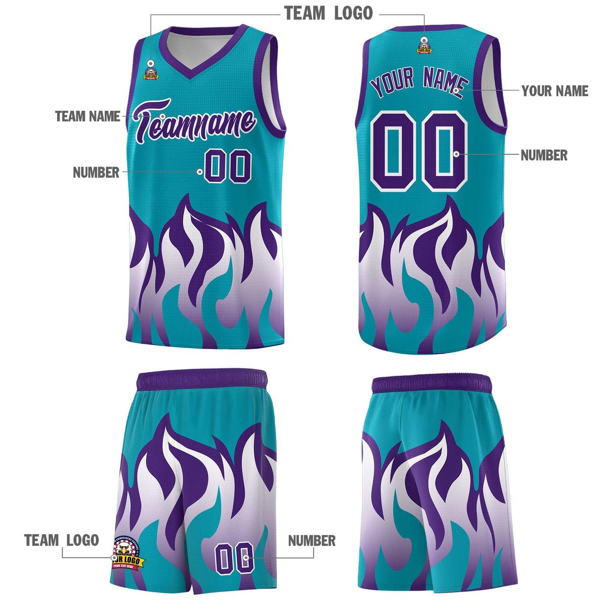 Custom Aqua Purple Hem Flame Pattern Fashion Sports Uniform Basketball Kits
