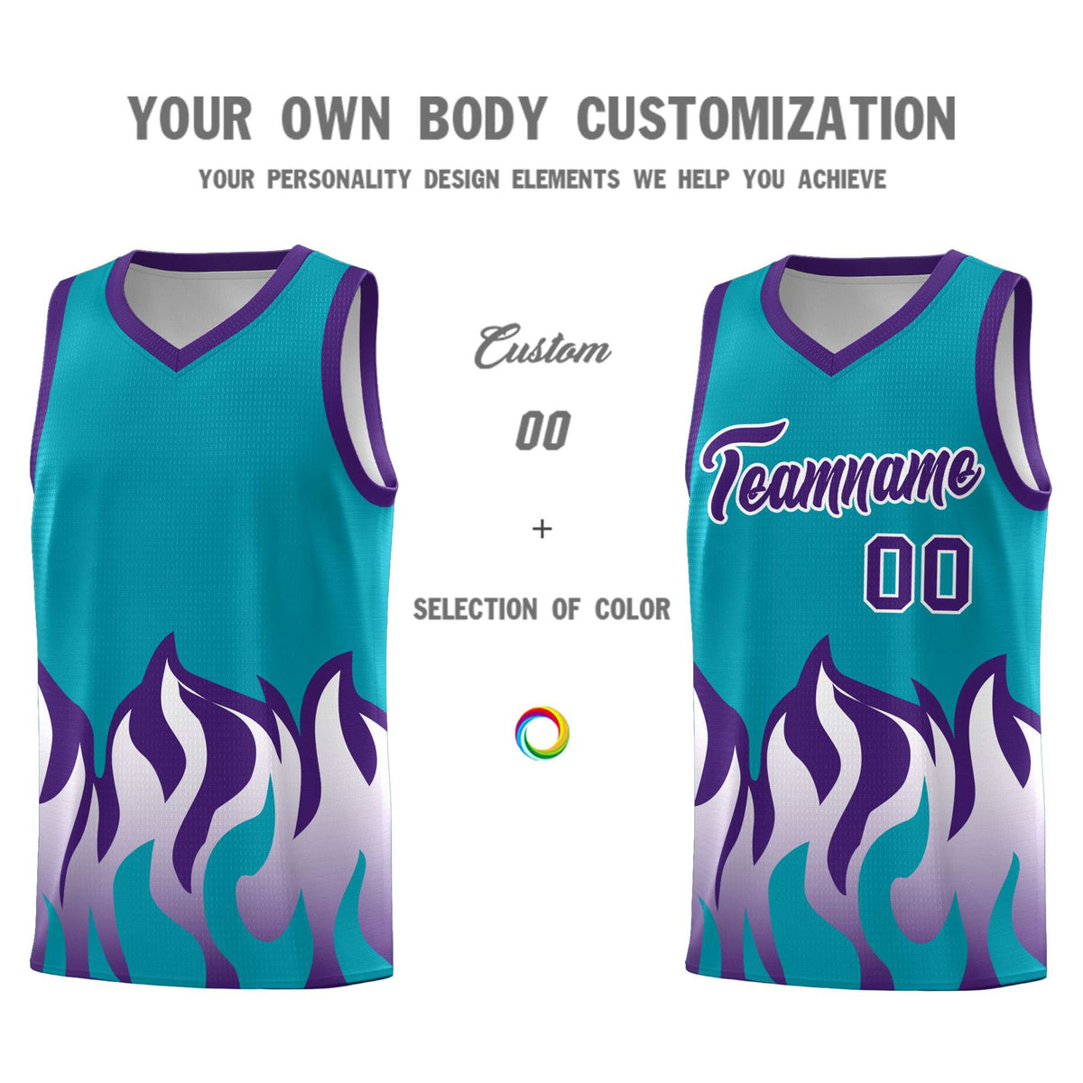Custom Aqua Purple Hem Flame Pattern Fashion Sports Uniform Basketball Kits