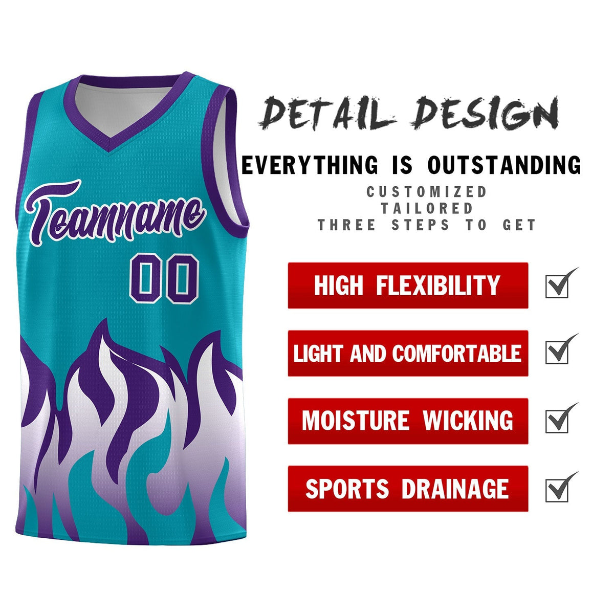 Custom Aqua Purple Hem Flame Pattern Fashion Sports Uniform Basketball Kits