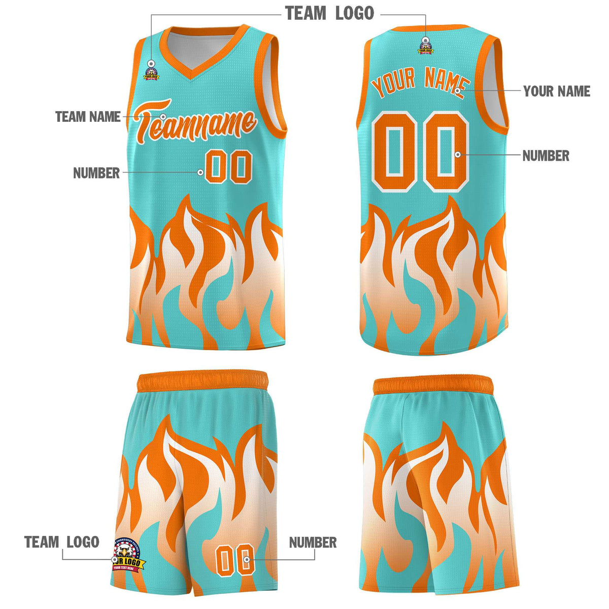 Custom Bright Green Orange Hem Flame Pattern Fashion Sports Uniform Basketball Kits
