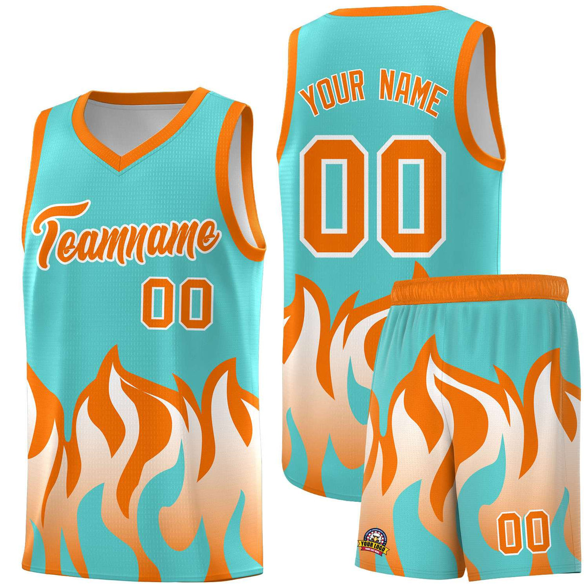 Custom Bright Green Orange Hem Flame Pattern Fashion Sports Uniform Basketball Kits