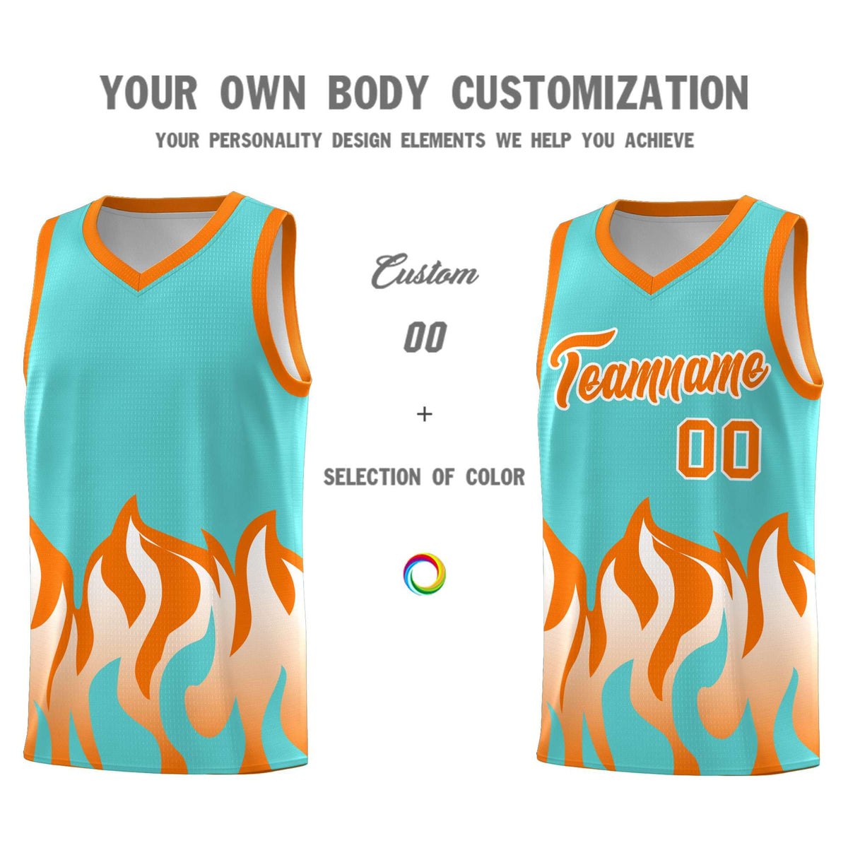 Custom Bright Green Orange Hem Flame Pattern Fashion Sports Uniform Basketball Kits