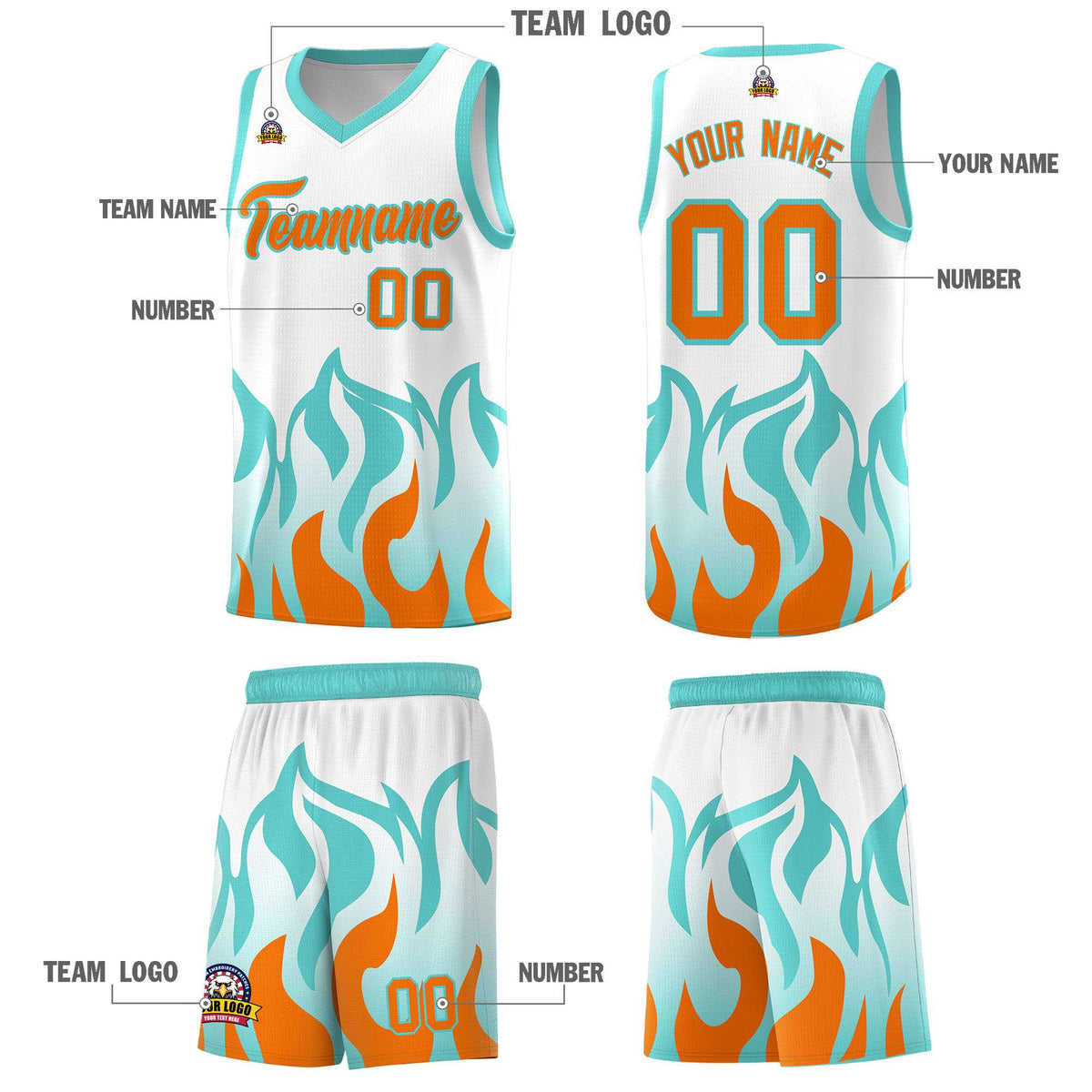 Custom White Orange Hem Flame Pattern Fashion Sports Uniform Basketball Kits