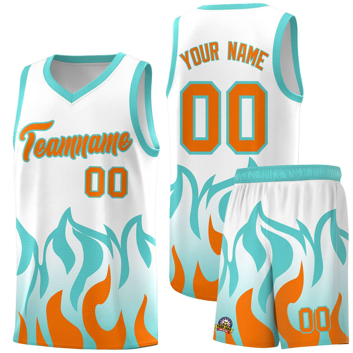 Custom White Orange Hem Flame Pattern Fashion Sports Uniform Basketball Kits