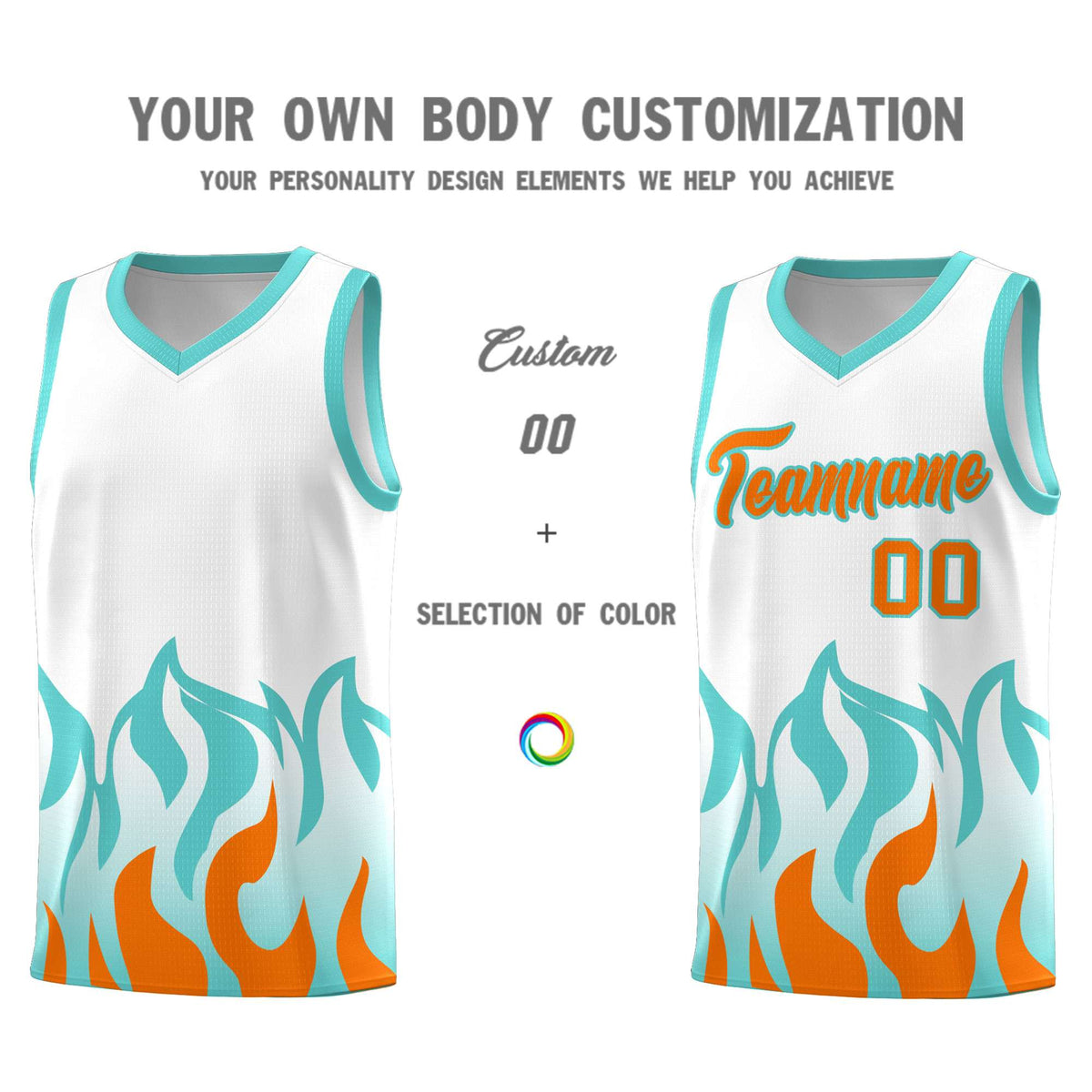 Custom White Orange Hem Flame Pattern Fashion Sports Uniform Basketball Kits