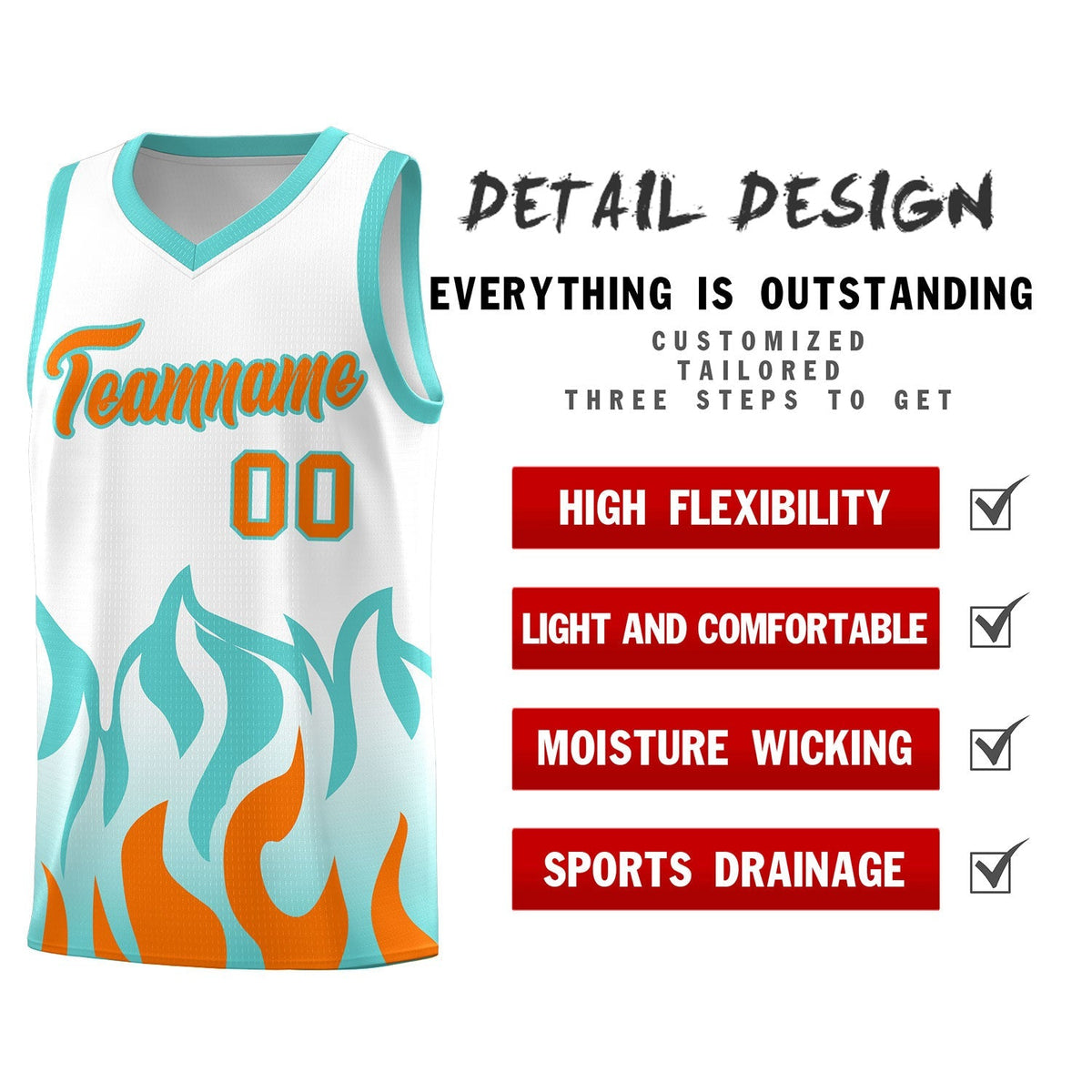 Custom White Orange Hem Flame Pattern Fashion Sports Uniform Basketball Kits