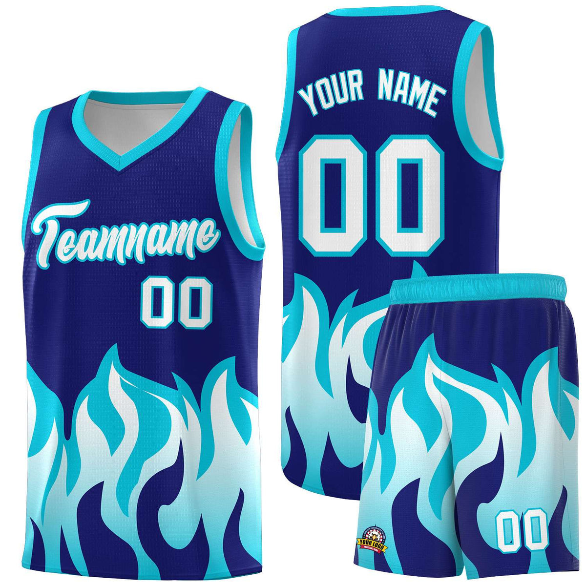 Custom Royal Sky Blue Hem Flame Pattern Fashion Sports Uniform Basketball Kits