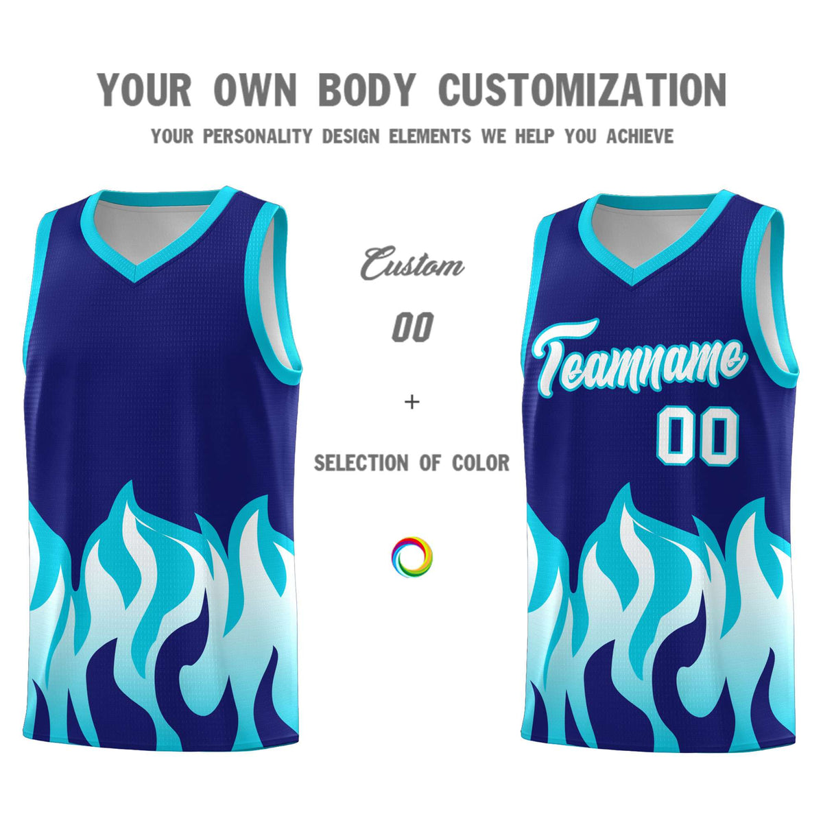Custom Royal Sky Blue Hem Flame Pattern Fashion Sports Uniform Basketball Kits