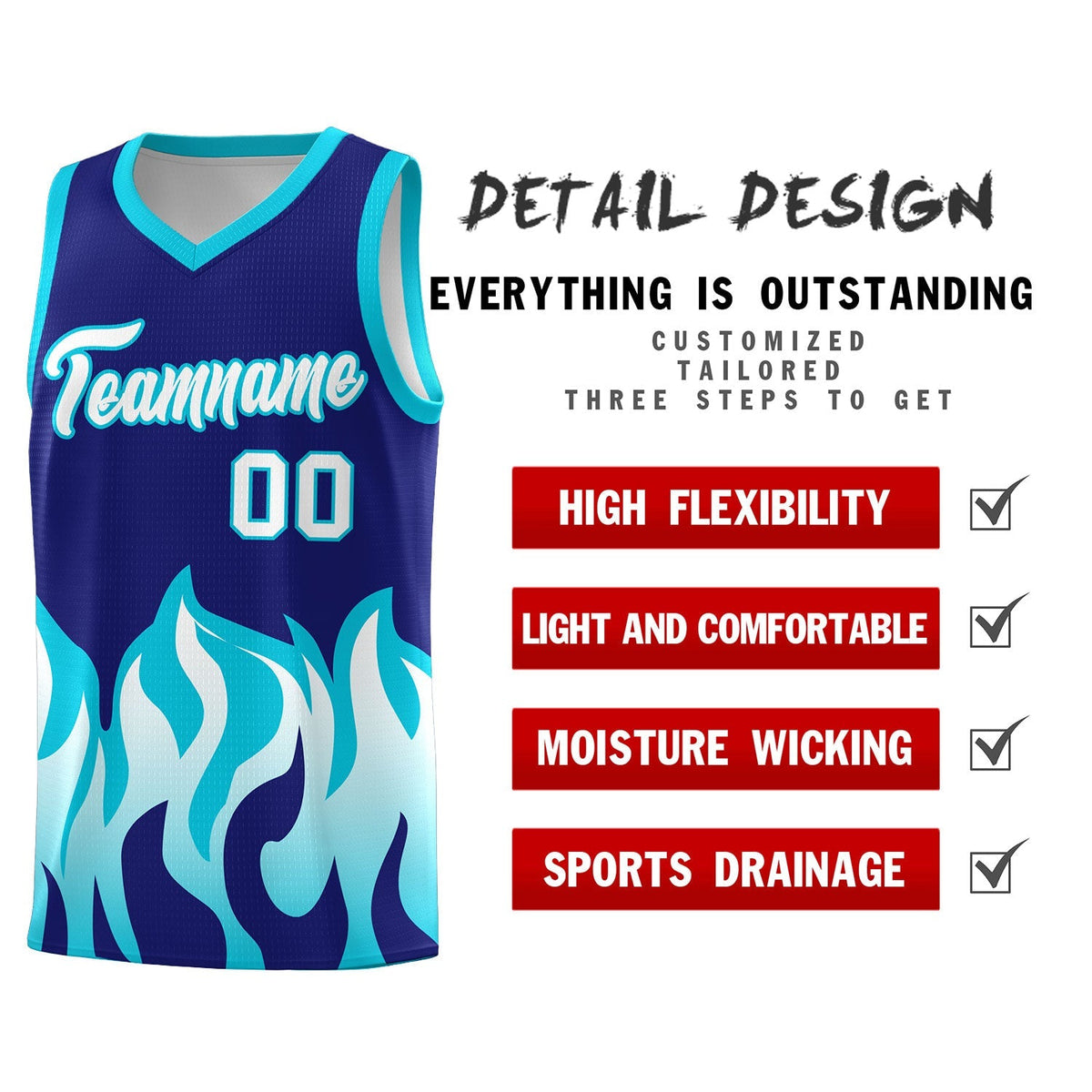 Custom Royal Sky Blue Hem Flame Pattern Fashion Sports Uniform Basketball Kits