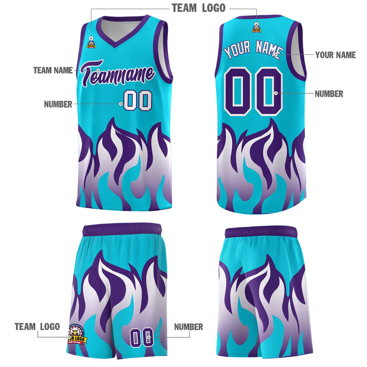 Custom Sky Blue Purple Hem Flame Pattern Fashion Sports Uniform Basketball Kits