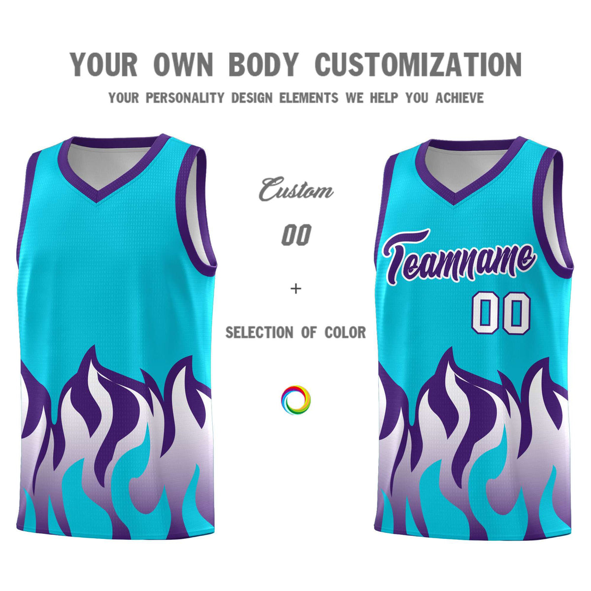 Custom Sky Blue Purple Hem Flame Pattern Fashion Sports Uniform Basketball Kits