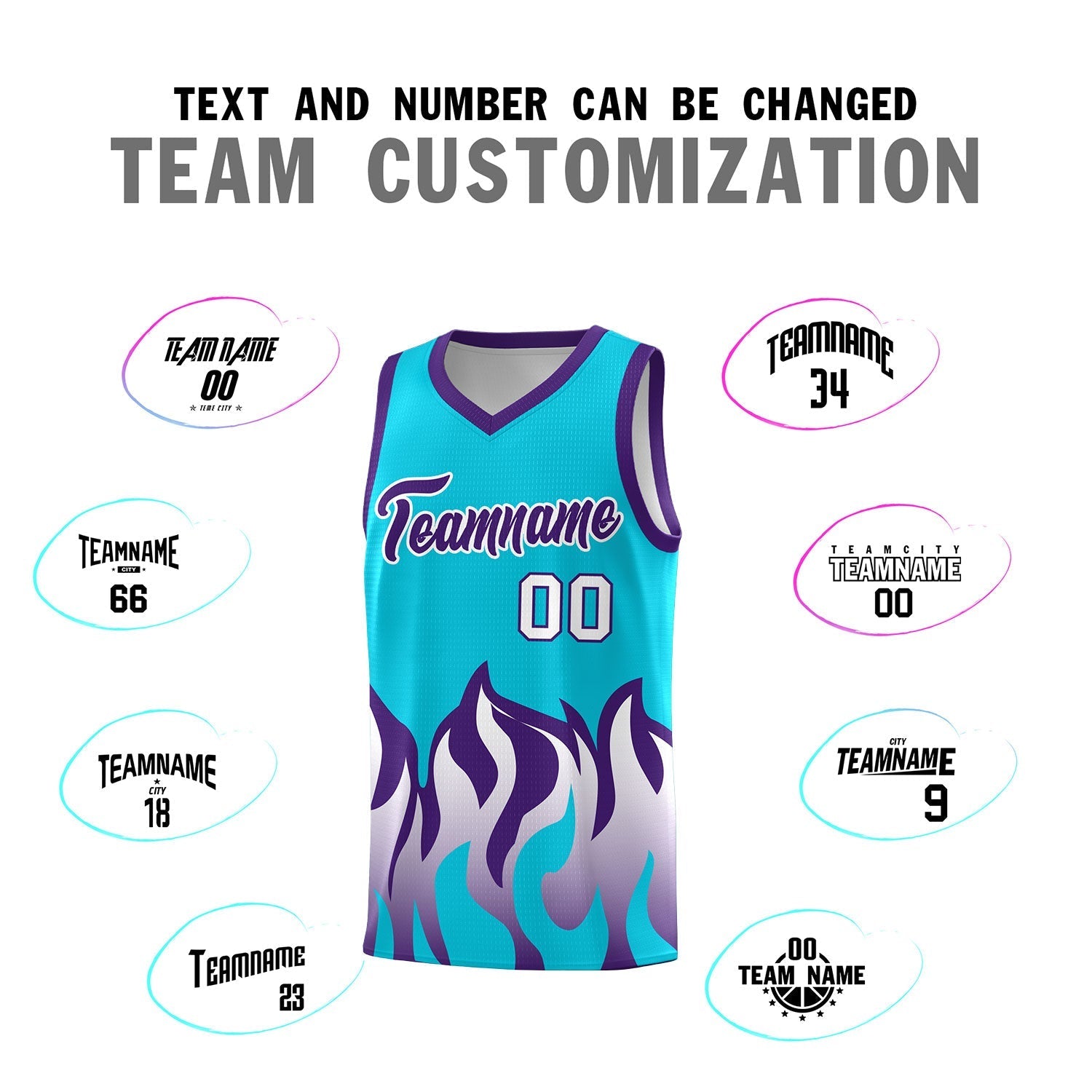 Custom Sky Blue Purple Hem Flame Pattern Fashion Sports Uniform Basketball Kits