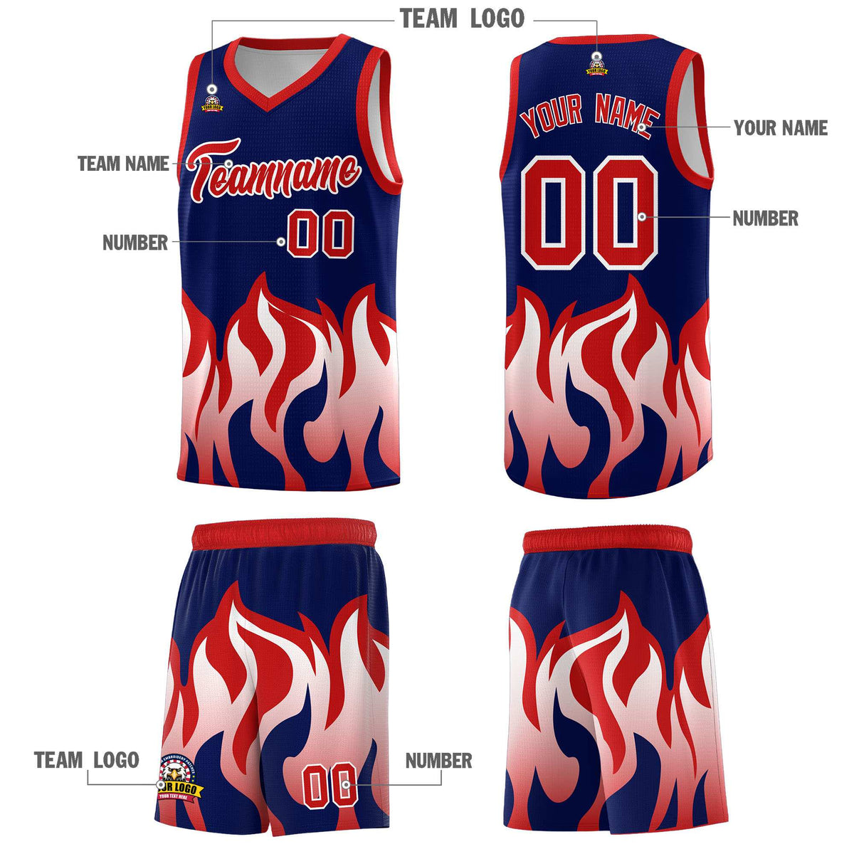 Custom Navy Red Hem Flame Pattern Fashion Sports Uniform Basketball Kits