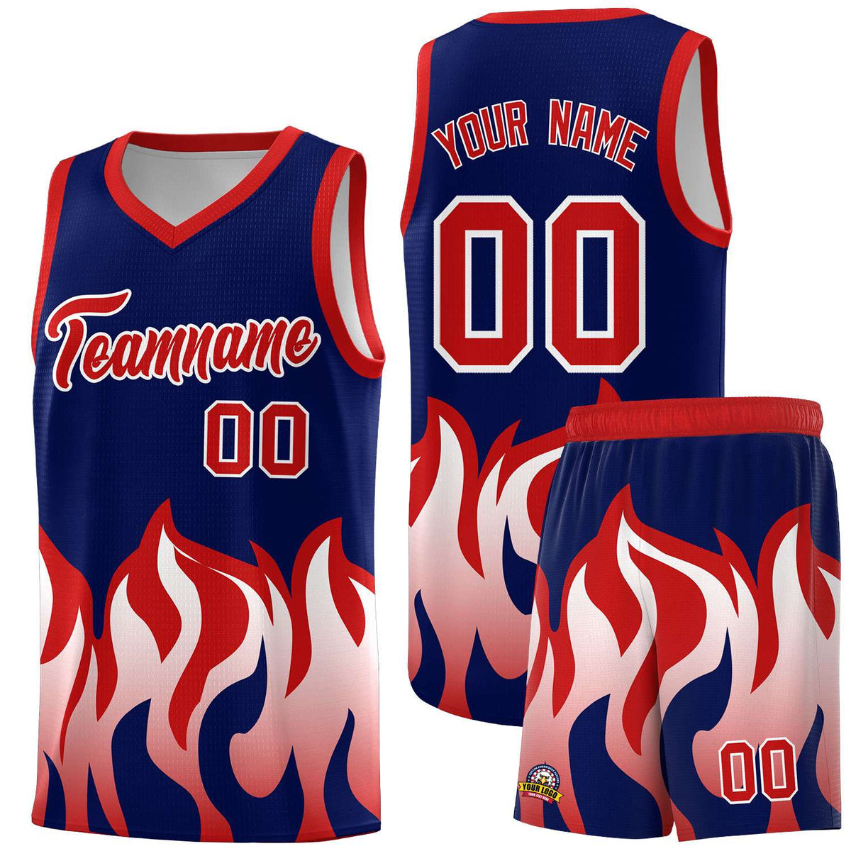 Custom Navy Red Hem Flame Pattern Fashion Sports Uniform Basketball Kits