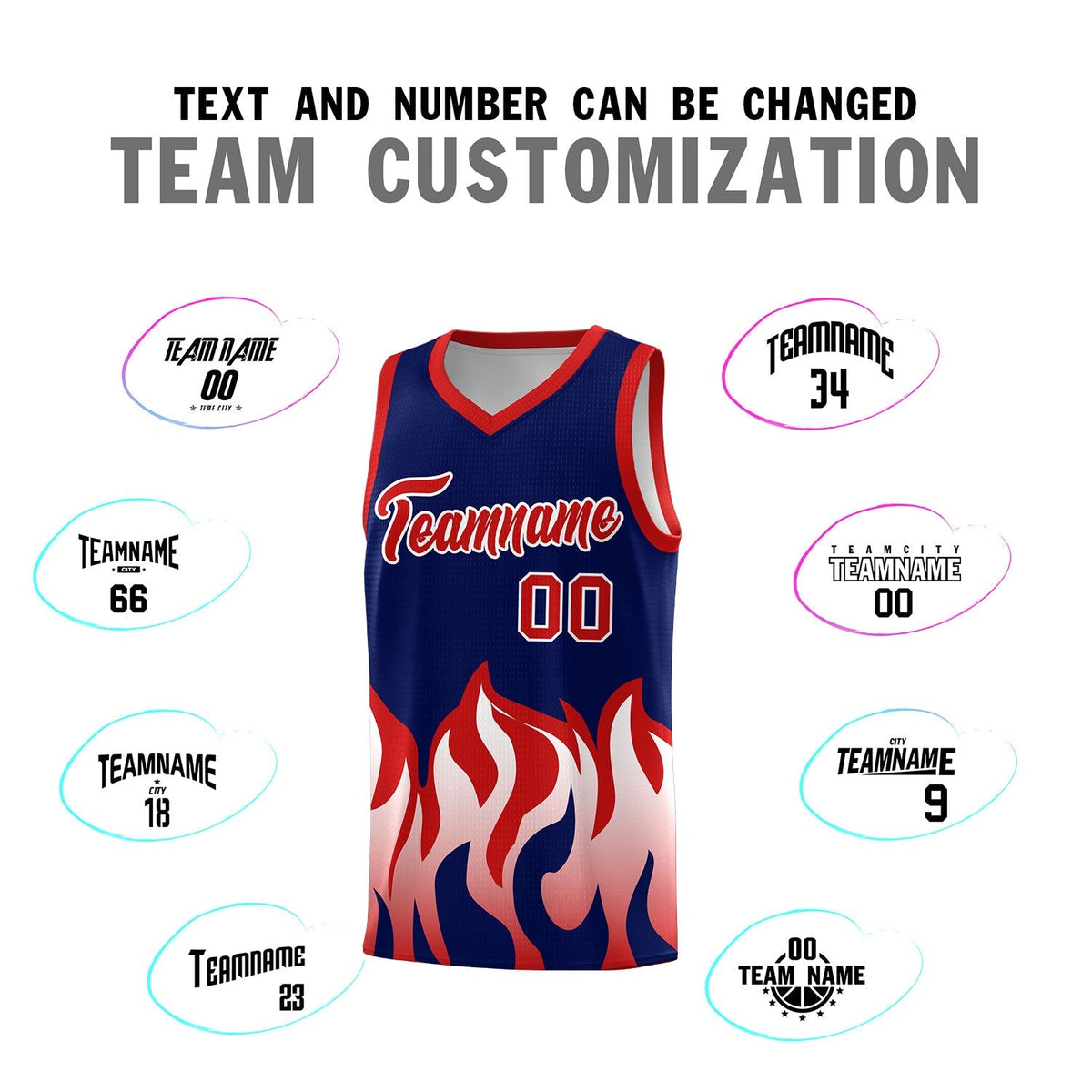 Custom Navy Red Hem Flame Pattern Fashion Sports Uniform Basketball Kits