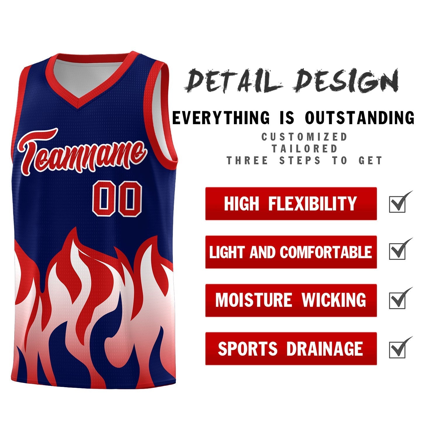 Custom Navy Red Hem Flame Pattern Fashion Sports Uniform Basketball Kits