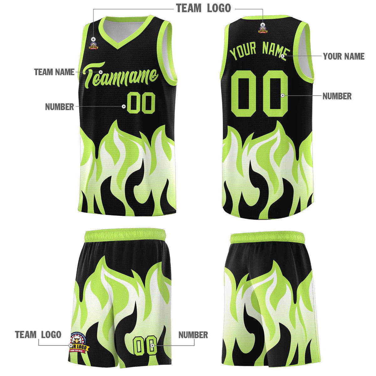 Custom Black Fluorescent Green Hem Flame Pattern Fashion Sports Uniform Basketball Kits