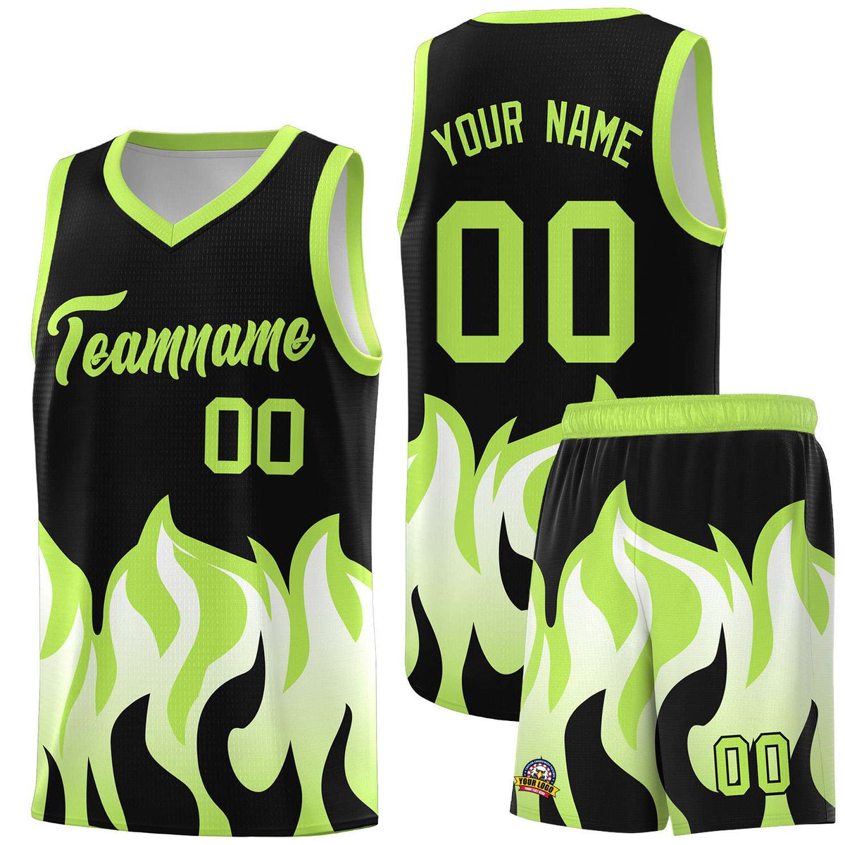 Custom Black Fluorescent Green Hem Flame Pattern Fashion Sports Uniform Basketball Kits