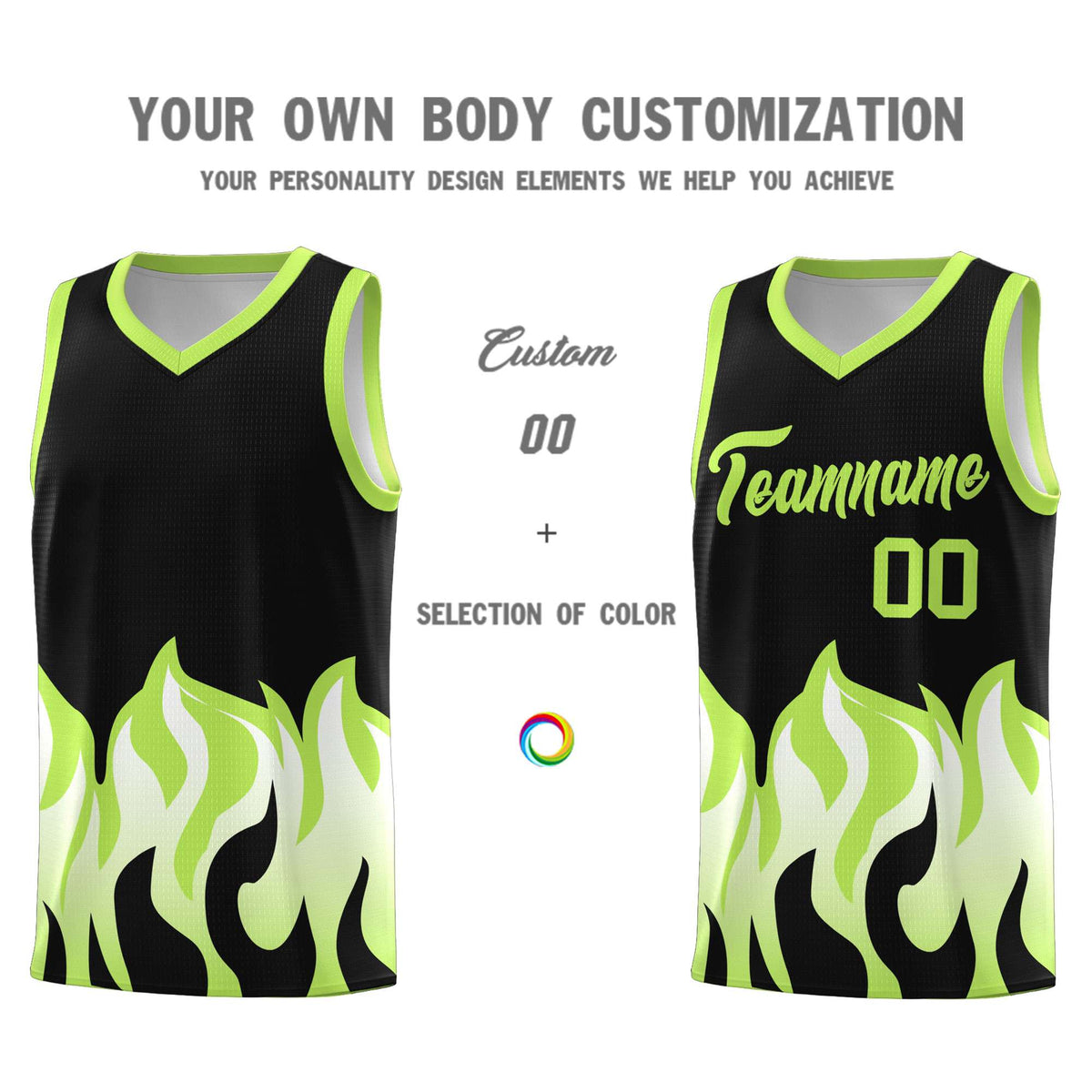 Custom Black Fluorescent Green Hem Flame Pattern Fashion Sports Uniform Basketball Kits
