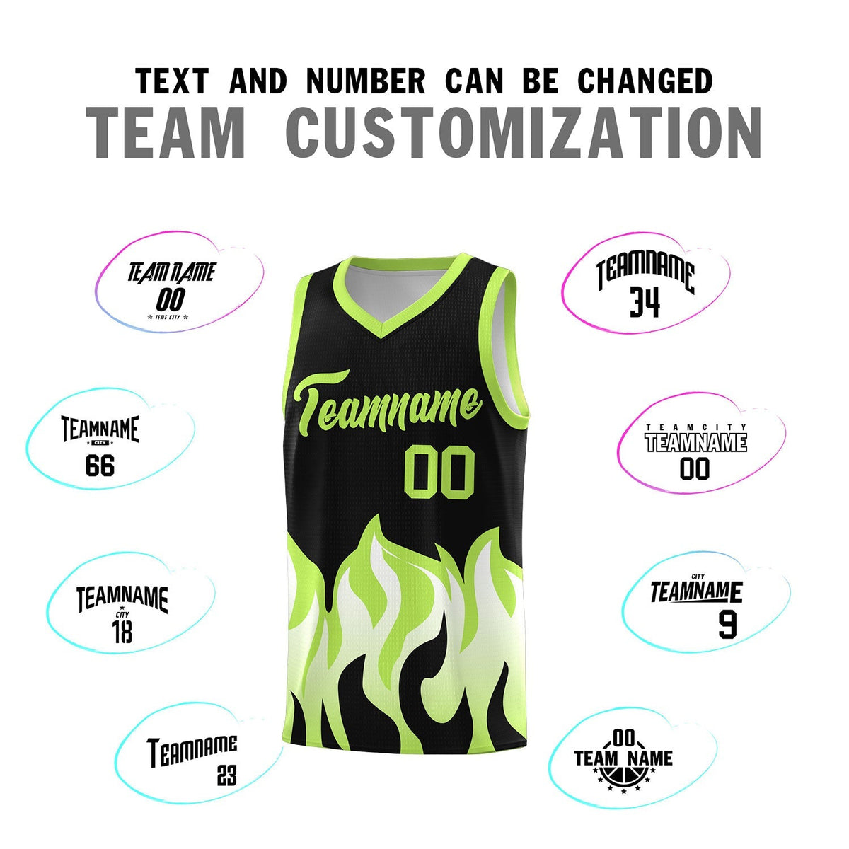 Custom Black Fluorescent Green Hem Flame Pattern Fashion Sports Uniform Basketball Kits