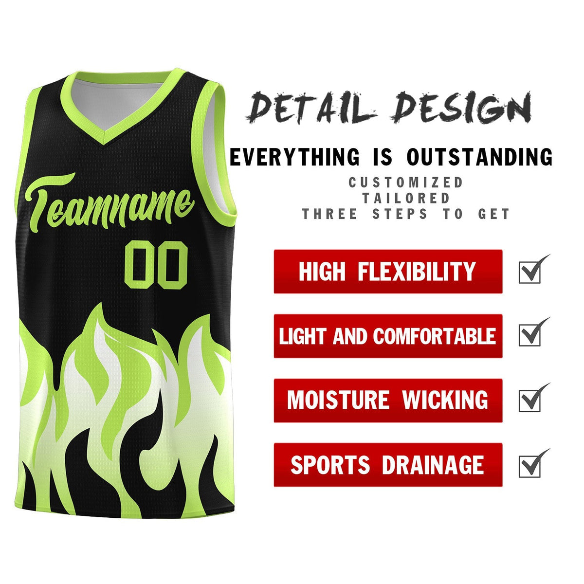 Custom Black Fluorescent Green Hem Flame Pattern Fashion Sports Uniform Basketball Kits