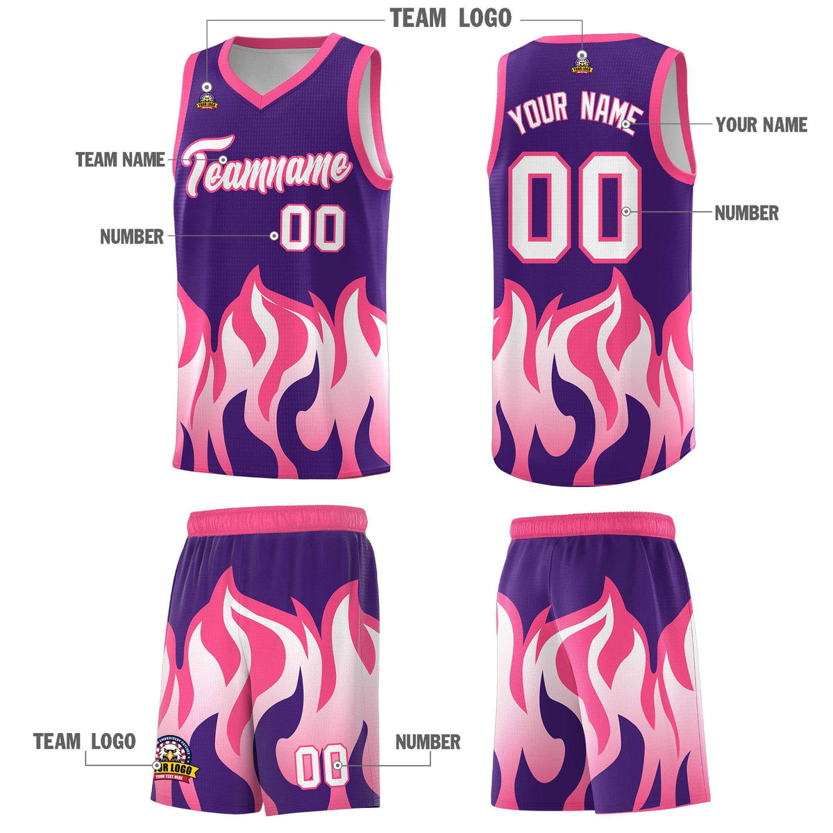 Custom Purple Pink Hem Flame Pattern Fashion Sports Uniform Basketball Kits