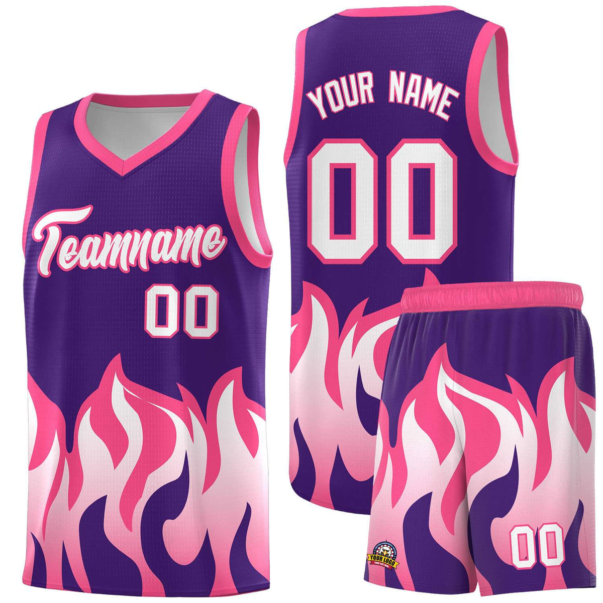 Custom Purple Pink Hem Flame Pattern Fashion Sports Uniform Basketball Kits
