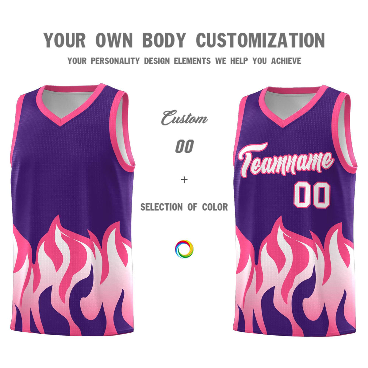 Custom Purple Pink Hem Flame Pattern Fashion Sports Uniform Basketball Kits