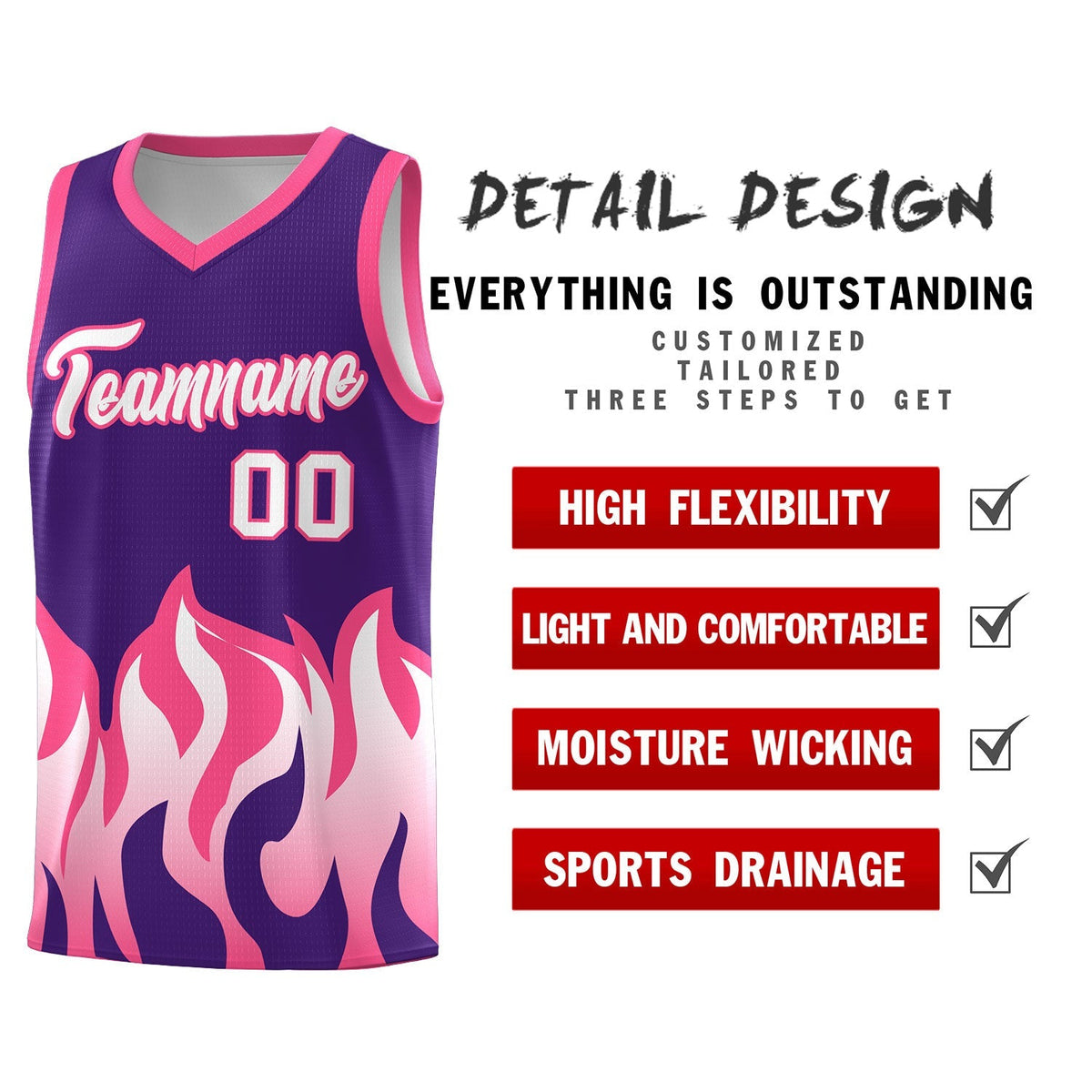 Custom Purple Pink Hem Flame Pattern Fashion Sports Uniform Basketball Kits