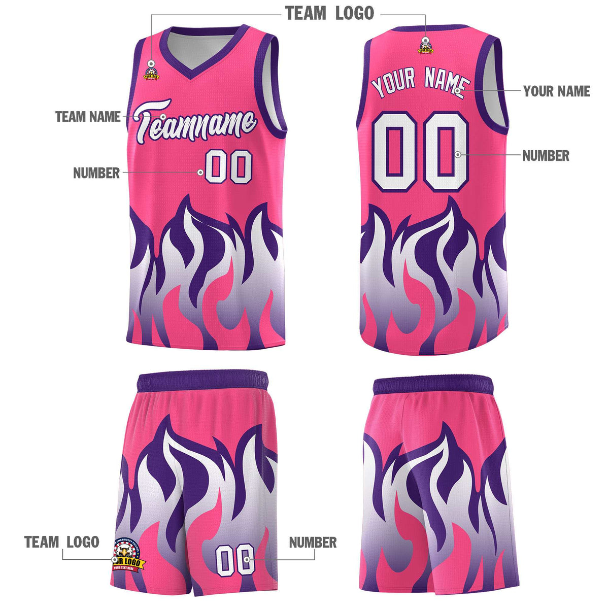 Custom Pink Purple Hem Flame Pattern Fashion Sports Uniform Basketball Kits