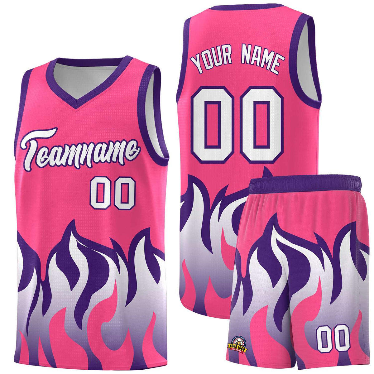 Custom Pink Purple Hem Flame Pattern Fashion Sports Uniform Basketball Kits