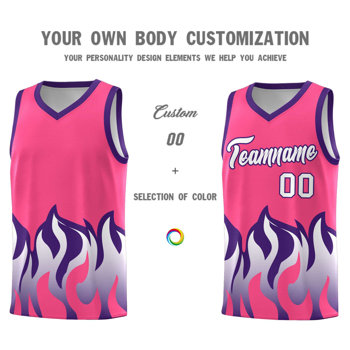Custom Pink Purple Hem Flame Pattern Fashion Sports Uniform Basketball Kits