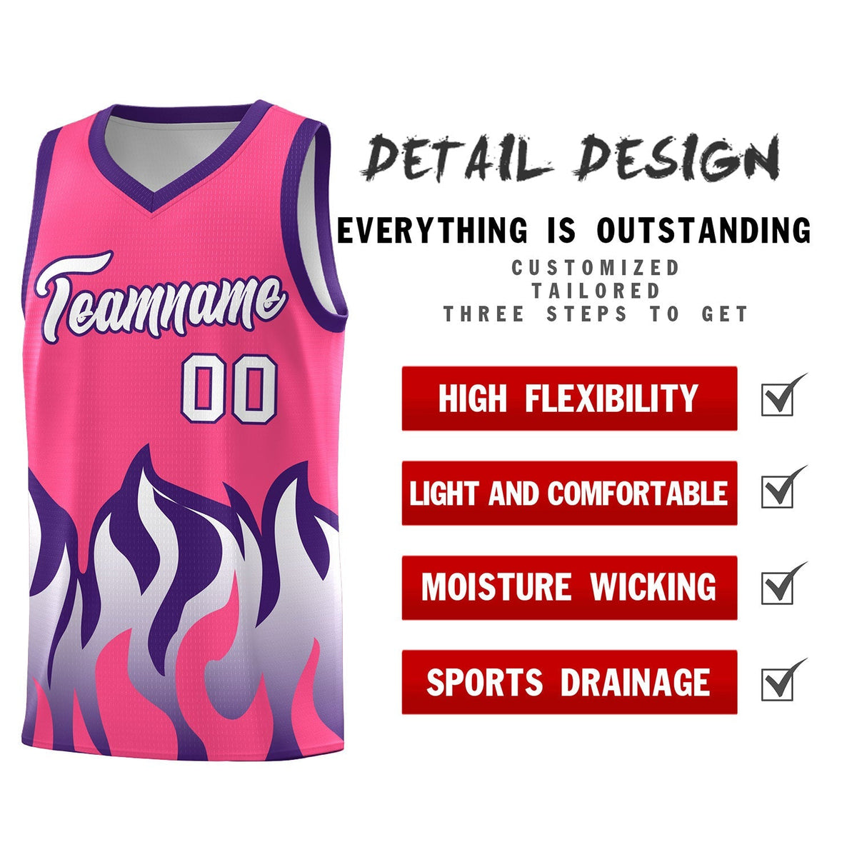 Custom Pink Purple Hem Flame Pattern Fashion Sports Uniform Basketball Kits