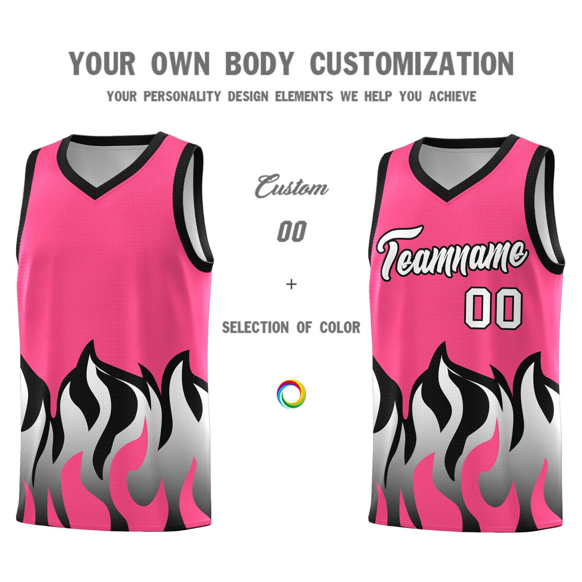 Custom Pink Black Hem Flame Pattern Fashion Sports Uniform Basketball Kits