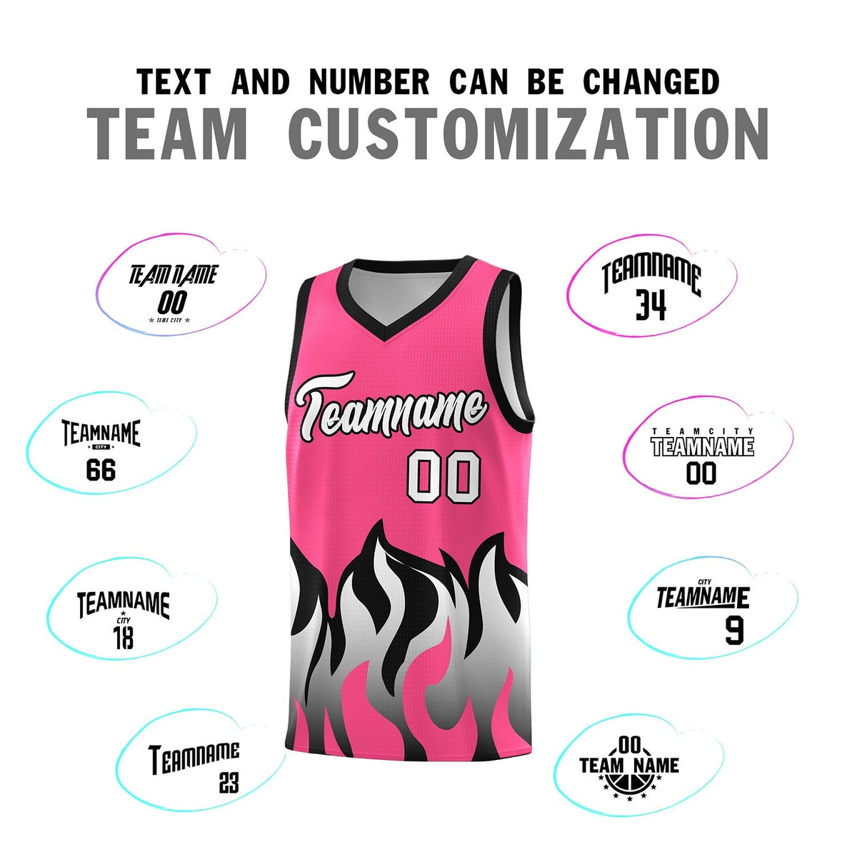 Custom Pink Black Hem Flame Pattern Fashion Sports Uniform Basketball Kits