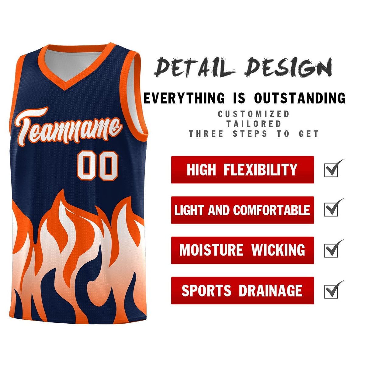 Custom Navy Orange Hem Flame Pattern Fashion Sports Uniform Basketball Kits