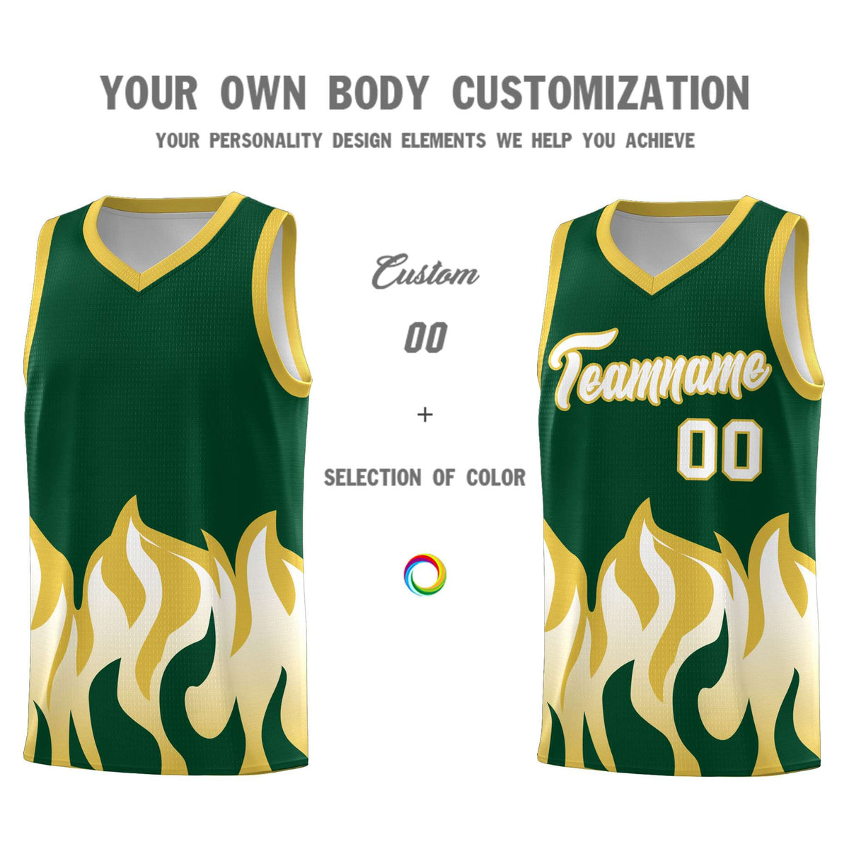 Custom Kelly Green Old Gold Hem Flame Pattern Fashion Sports Uniform Basketball Kits