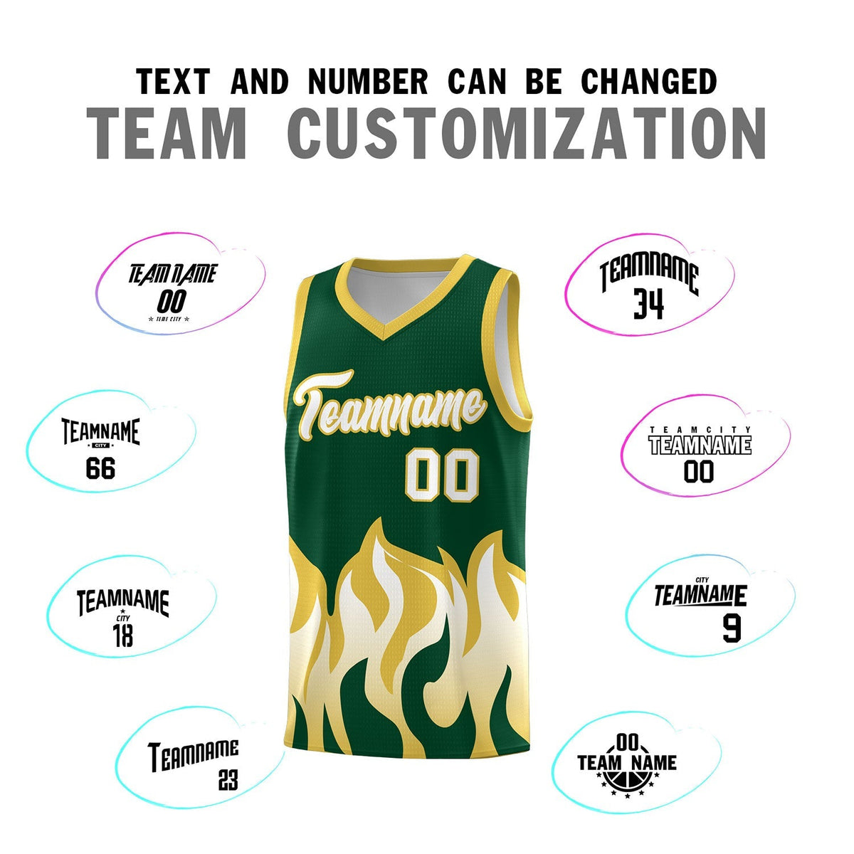 Custom Kelly Green Old Gold Hem Flame Pattern Fashion Sports Uniform Basketball Kits