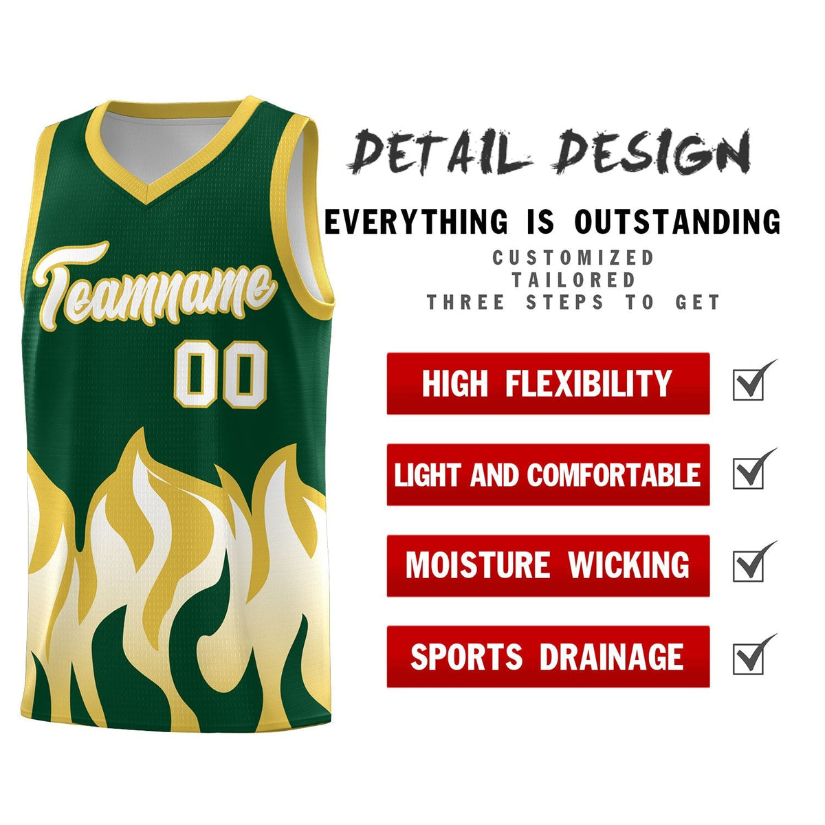 Custom Kelly Green Old Gold Hem Flame Pattern Fashion Sports Uniform Basketball Kits