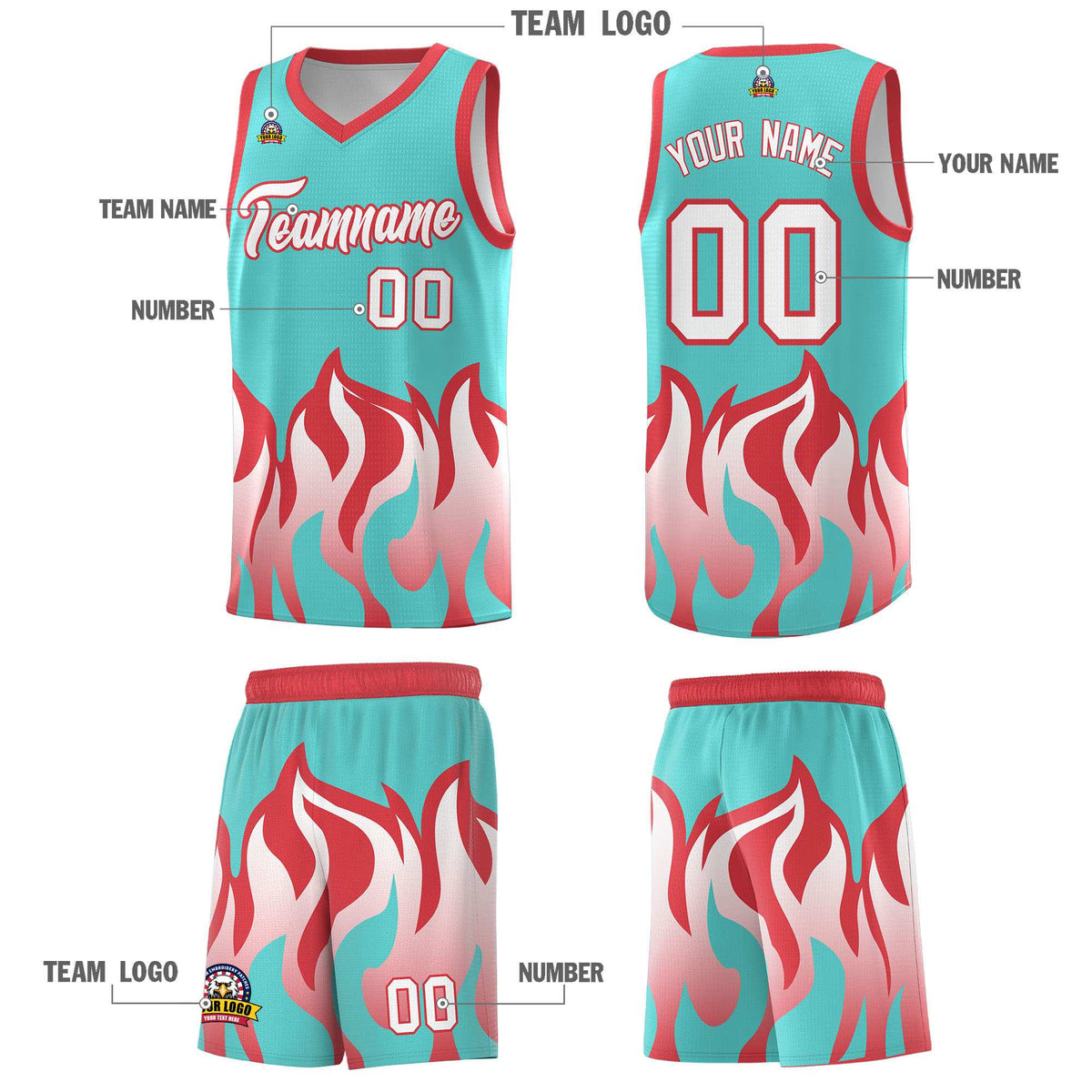 Custom Bright Green Light Red Hem Flame Pattern Fashion Sports Uniform Basketball Kits