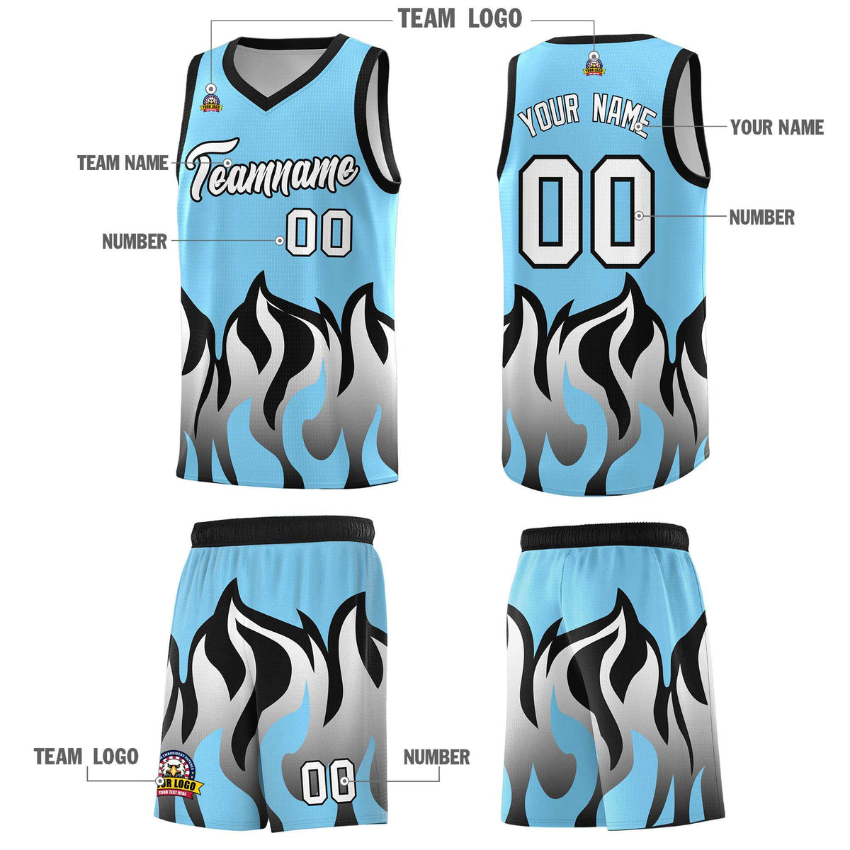 Custom Light Blue Black Hem Flame Pattern Fashion Sports Uniform Basketball Kits
