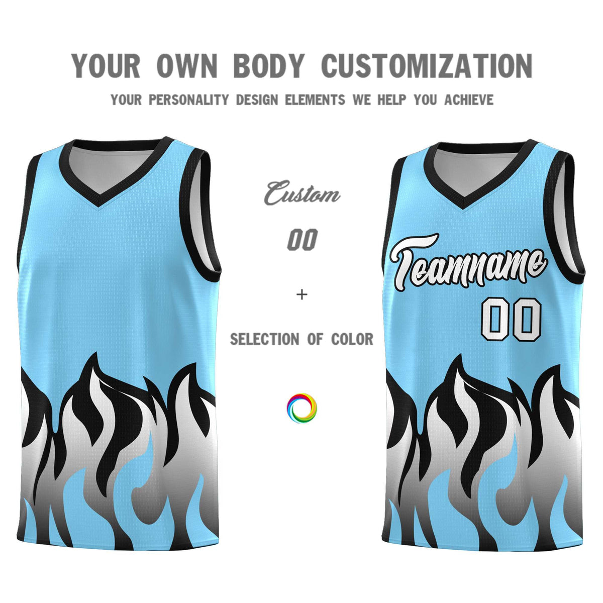 Custom Light Blue Black Hem Flame Pattern Fashion Sports Uniform Basketball Kits