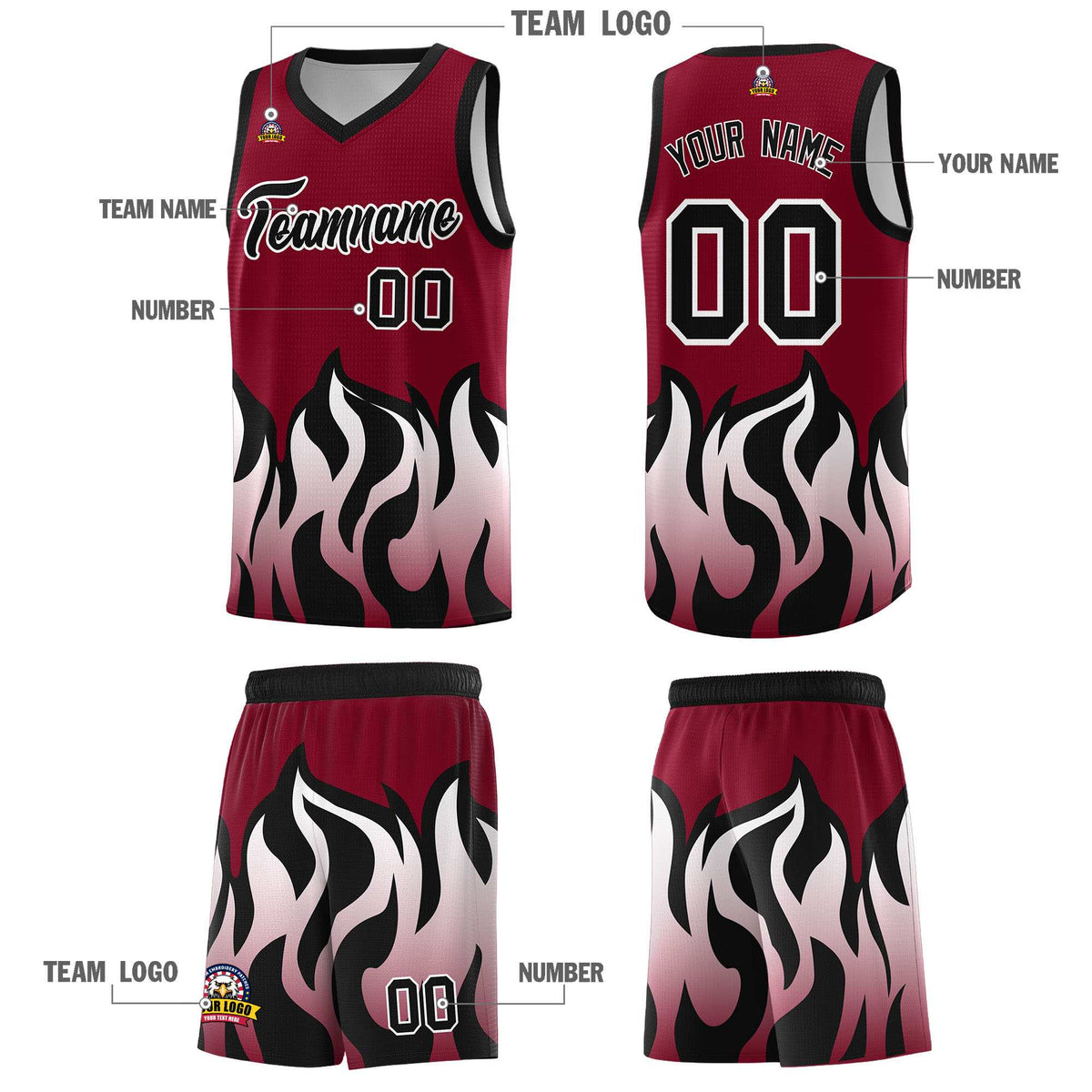 Custom Crimson Black Hem Flame Pattern Fashion Sports Uniform Basketball Kits