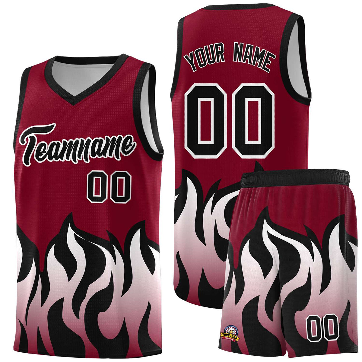 Custom Crimson Black Hem Flame Pattern Fashion Sports Uniform Basketball Kits