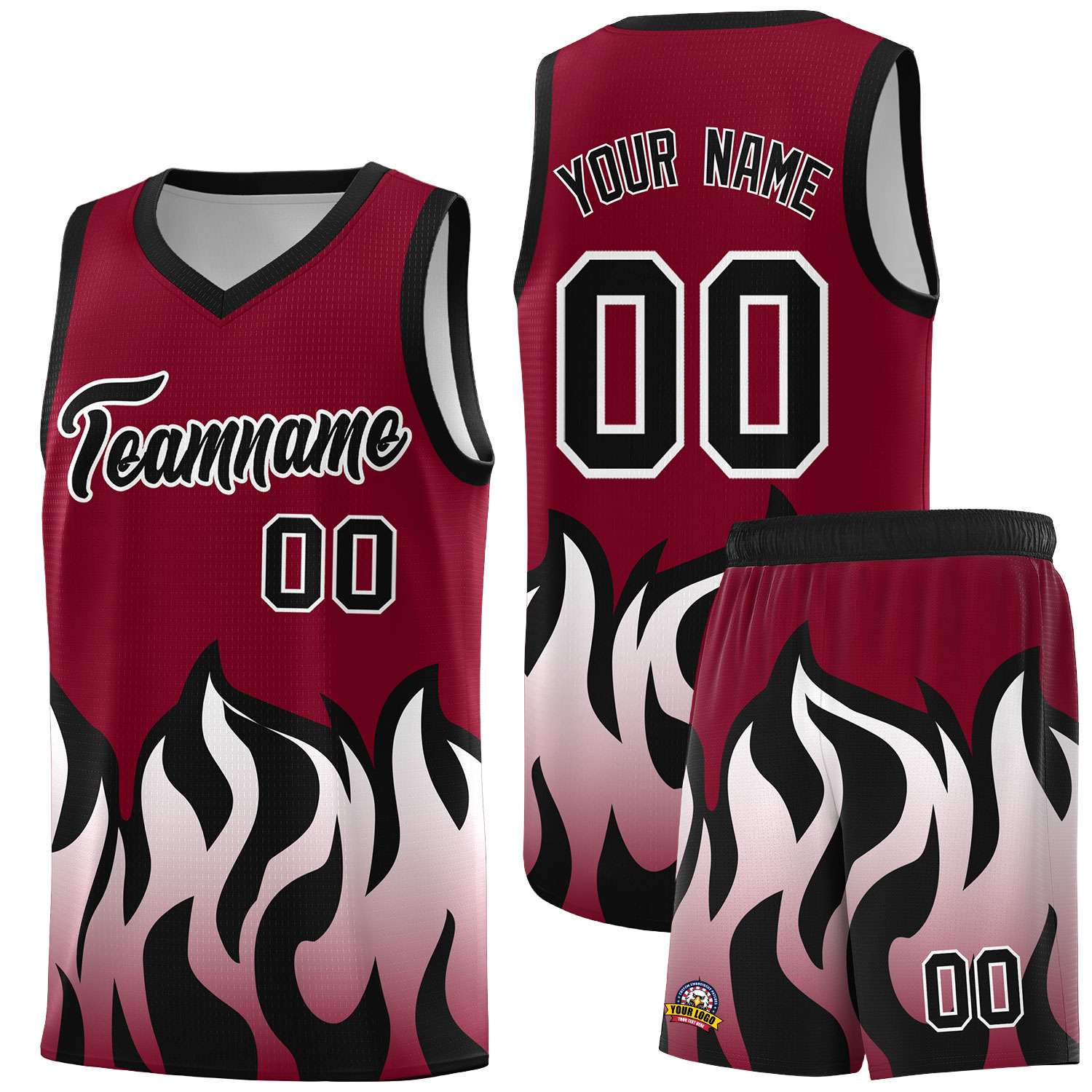Custom Crimson Black Hem Flame Pattern Fashion Sports Uniform Basketball Kits
