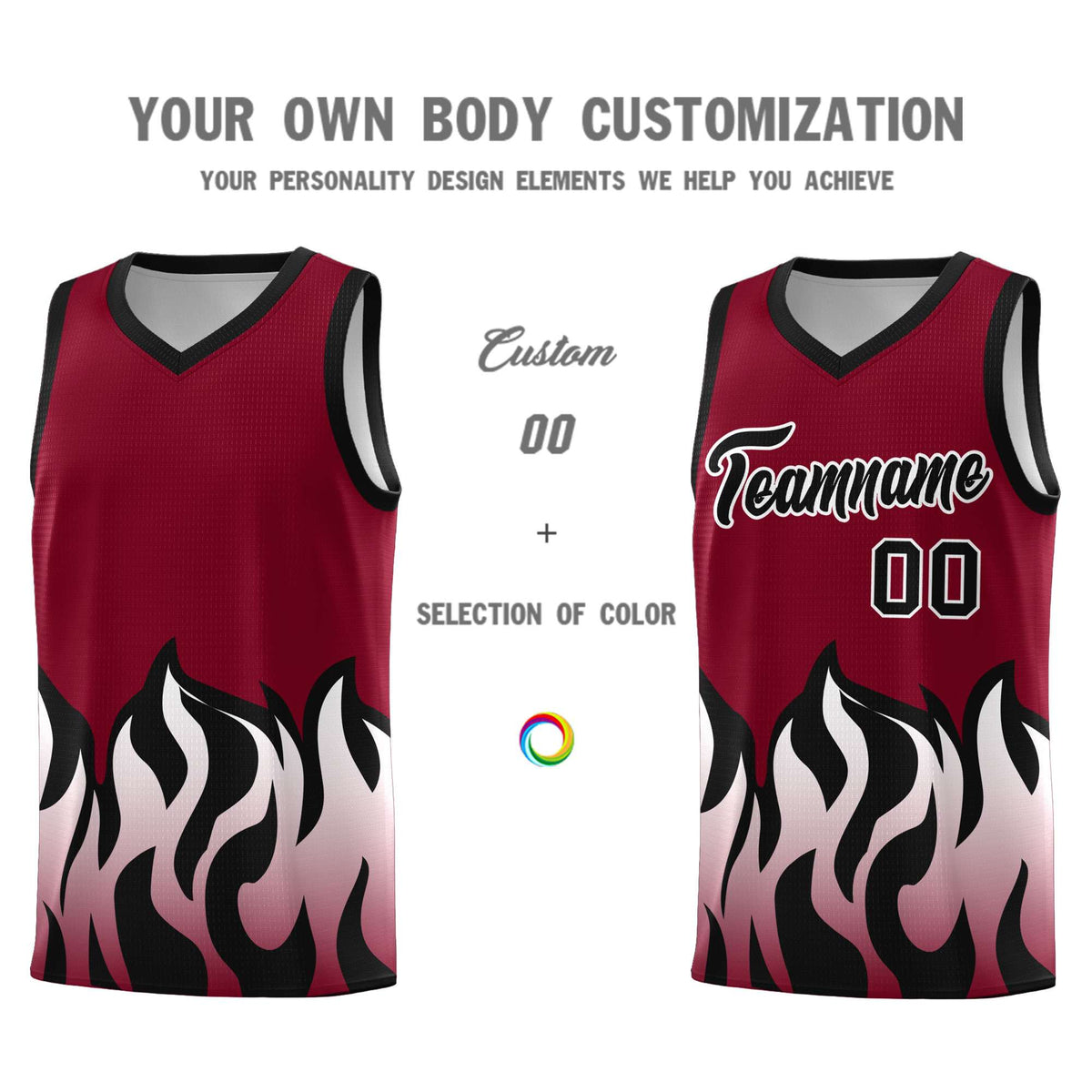 Custom Crimson Black Hem Flame Pattern Fashion Sports Uniform Basketball Kits