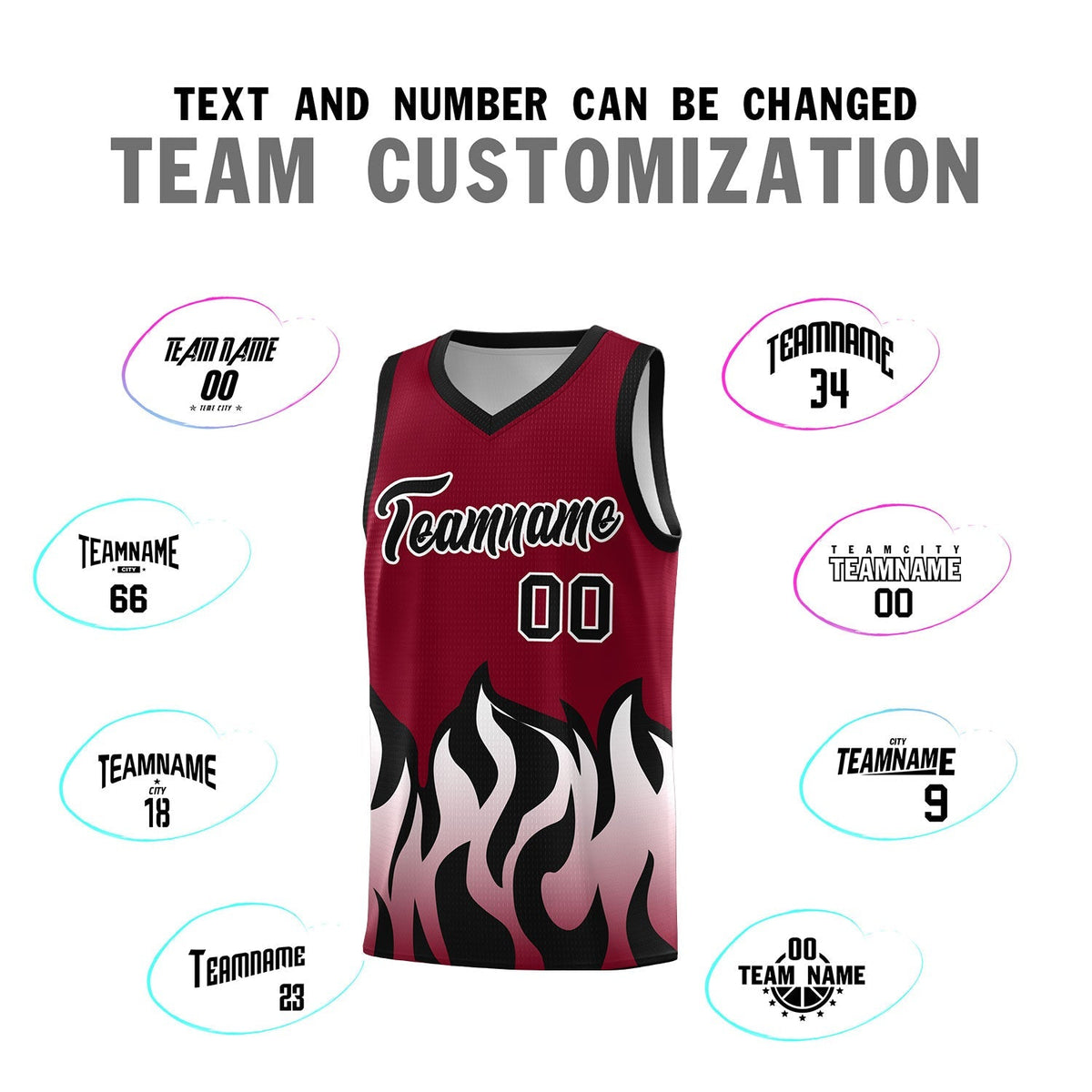 Custom Crimson Black Hem Flame Pattern Fashion Sports Uniform Basketball Kits