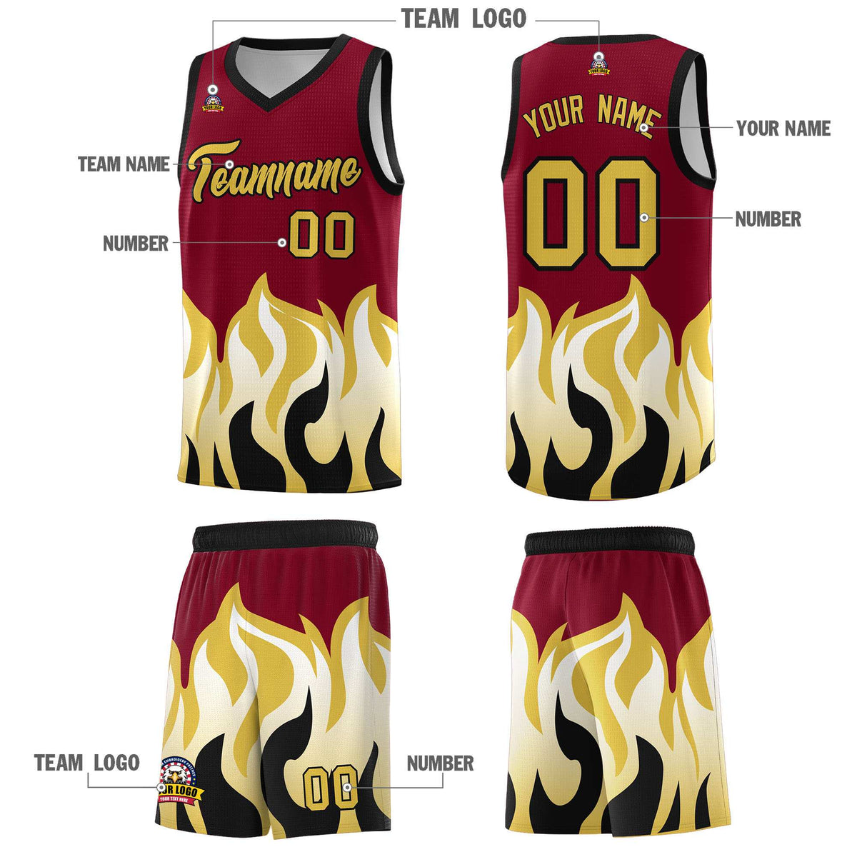 Custom Crimson Old Gold Hem Flame Pattern Fashion Sports Uniform Basketball Kits