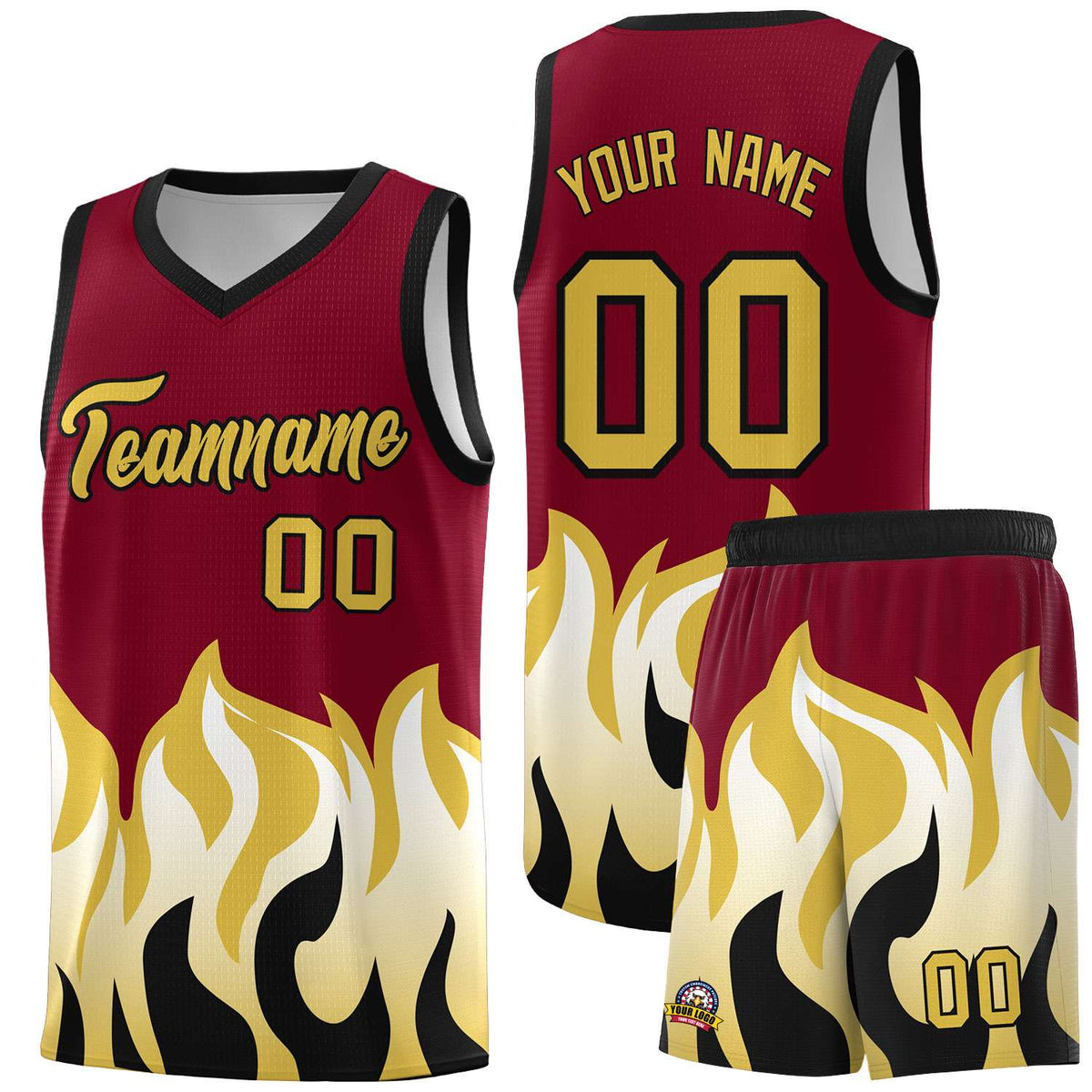 Custom Crimson Old Gold Hem Flame Pattern Fashion Sports Uniform Basketball Kits