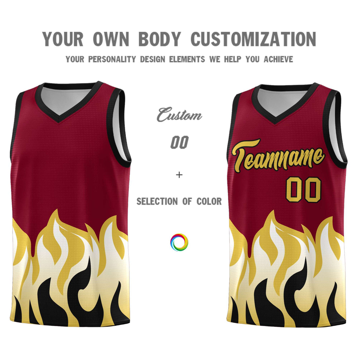 Custom Crimson Old Gold Hem Flame Pattern Fashion Sports Uniform Basketball Kits